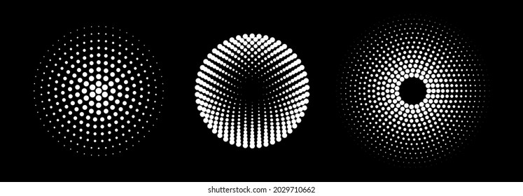 Set of black and white halftone radial patterns. Dotty vector circles.