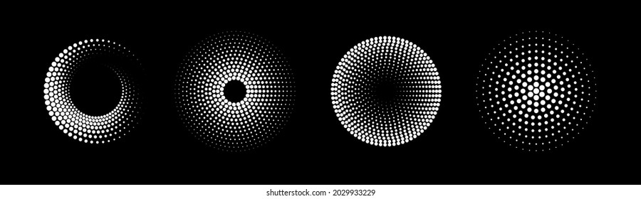 Set of black and white halftone radial patterns. Dotty vector circles.