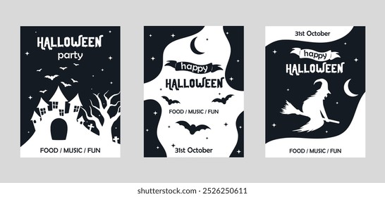 A set of black and white Halloween cards with images of bats, witches, the moon, and a Gothic house. Flat vector illustration.