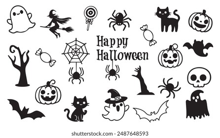 A set of black and white Halloween doodles highlighted on a white background, for coloring pages, prints, decoration of postcards and posters, stickers, sublimation, etc.