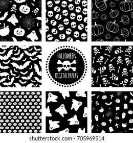 Set of black and white Halloween patterns. Vector seamless pattern for Halloween. Seasonal holiday wrapping paper.