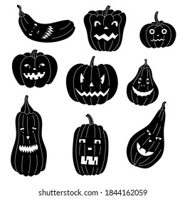 Set of black and white halloween pumpkins. Vector bundle of scary pumpkin faces