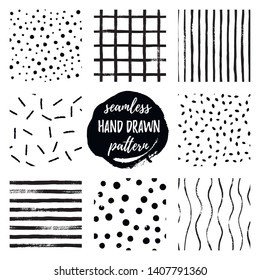 Set black and white hand draw vector seamless patterns Strip, Grid, Polka Dot. Endless textures in monochrome. Scandinavian simple style. Stylish trendy backgrounds design for fabric, wallpaper