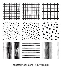 Set black and white hand draw vector seamless patterns Strip, Grid, Polka Dot. Endless textures in monochrome. Scandinavian simple style. Stylish trendy backgrounds primitive scratchy textures