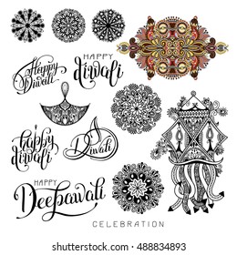 set of black and white hand drawing design element lettering inscription for Diwali celebration - indian fire festival collection, vector illustration