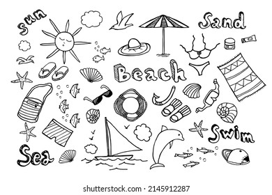 A set of black and white hand drawings of beach accessories.