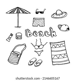 A set of black and white hand drawings of beach accessories.