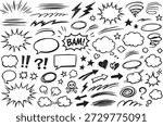 Set of black and white hand drawn comic action doodles featuring speech bubbles, motion lines, sound effects, lightning bolts, stars, clouds, arrows, and expressive comic symbols. Ideal for comics, manga panels, posters, stickers, and creative design use.