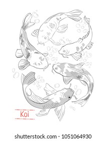 Set of black and white hand drawn koi