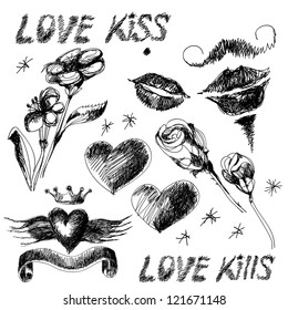 Set of black and white hand drawn Valentine design elements with hearts, flowers and lips.