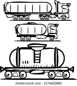 set of black and white hand drawn vector illustrations - tank for transportation fuel