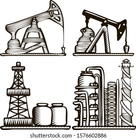 set of black and white hand drawn vector illustrations - tank for transportation fuel