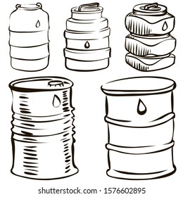 set of black and white hand drawn vector illustrations - barrels for fuel