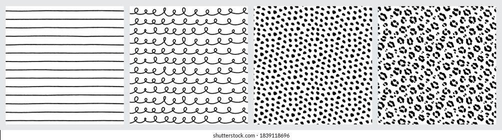 Set of black and white hand drawn patterns. Leopard skin, animal skin, scribbles, lines, doodle loops, spots and shapes on white background.