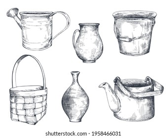 Set of black and white hand drawn vector vases, basket. kettle, watering can, pitcher in sketch style.