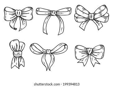 Set of black and white hand drawn bows. Sketch style.