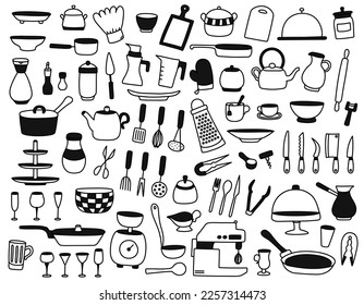 Conjunto de utensilios de cocina con doodle dibujados a mano en blanco y negro. Esbozar utensilios de cocina a mano alzada, electrodomésticos para cocinar. Íconos simples, lineales y sólidos de cubiertos. Clipart para menú, libro de cocina, fondo de pantalla