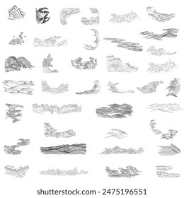 Set of black and white hand drawn wave elements vector. Natural art background with Chinese ocean sea icon and symbol in vintage style