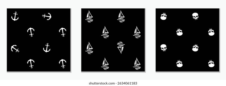 Set of black and white hand drawn nautical printable seamless patterns. Skull, anchor, boat seamless pattern ideas for men shirting, wall paper, home decor, background. Vector illustration.