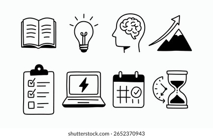 Conjunto de ícones a preto e branco desenhados à mão representando os conceitos de produtividade, aprendizagem e gerenciamento de tempo. Inclui livro, cérebro, lâmpada, laptop, lista de verificação, calendário, ampulheta e muito mais.