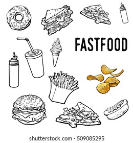 Set of black and white hand drawn fast food, sketch style vector illustration on white background. Pizza, burger, hot dog, sandwich, donut, ice cream, French fries outlines, coloring elements
