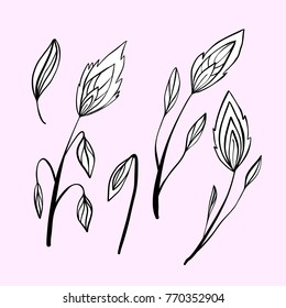 Set of the black and white hand drawn vector stylized flowers.  Can be used in fashion industry, printing on paper, coloring book, greeting cards and invitations.