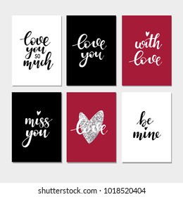 set of black and white hand written lettering about love to valentines day design poster, greeting card, photo album, banner, calligraphy vector illustration collection