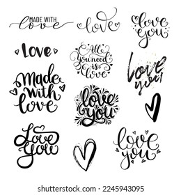 set of black and white hand written lettering about love to valentines day