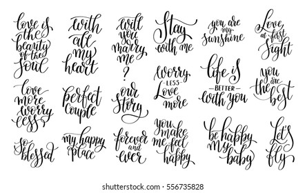 set of black and white hand written lettering about love to valentines day design poster, greeting card, photo album, banner, calligraphy vector illustration collection
