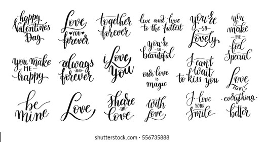 set of black and white hand written lettering about love to valentines day design poster, greeting card, photo album, banner, calligraphy vector illustration collection