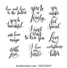 set of black and white hand written lettering about love to valentines day design poster, greeting card, photo album, banner, calligraphy vector illustration collection