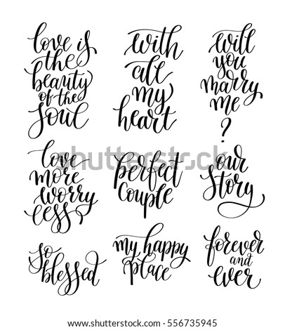 set of black and white hand written lettering phrase about love to valentines day design poster, greeting card, photo album, banner, calligraphy text vector illustration collection