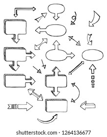 Set of black and white hand-drawn arrows and block schemes, vector illustration