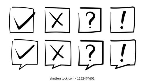 Set of black and white hand-drawn check box icons with bubbles. Tick and cross, question mark, exclamation point.