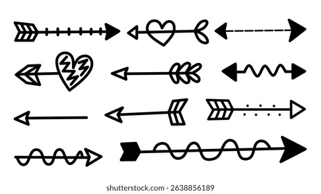 Set of black and white hand-drawn doodle arrows with playful and whimsical styles. Cute and decorative sketch style, ideal for digital planners or creative notes.