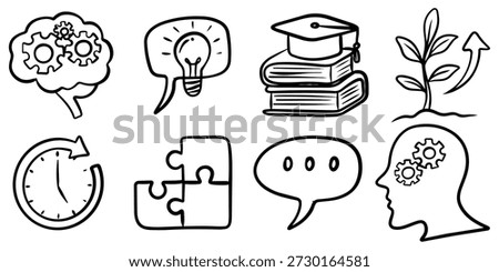 set of black and white hand-drawn doodle icons featuring a brain with gears, lightbulb idea, graduation cap on books, growing plant, clock timer, puzzle pieces, and a thinking profile. Perfect for educational, creative, and business process concepts.