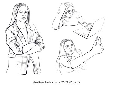 eine Reihe von schwarz-weißen handgezeichneten Zeichnungen eines Mädchens, das an einem Laptop arbeitet und Selfies macht, eine Lehrerin, Vektorgrafik