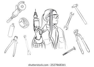 a set of black and white hand-drawn drawings of a girl with a handyman's drill surrounded by construction tools vector