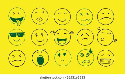 Um conjunto de emojis preto e branco desenhados à mão representando diferentes emoções e expressões.