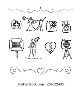 set of black and white hand-drawn icons about wedding photography