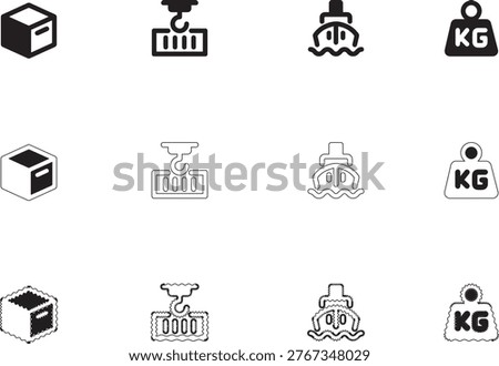 Set of  black and white hand-drawn logistics and shipping icons including cardboard box, crane hook, ship and weight kilogram vector illustration
