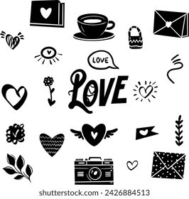 set of black and white hand-drawn love-themed doodles, including hearts, a coffee cup, a camera, a flower, and envelopes. Perfect for romantic designs and Valentine's Day projects. 