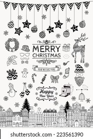 Set of Black and White Hand-drawn Outlined Christmas Doodle Icons. Xmas Vector Illustration. Text Lettering. Party Elements, Cartoons