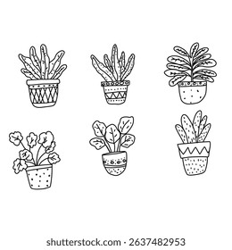Set of black and white hand-drawn potted plants with unique patterns and foliage. Great for botanical coloring pages, home decor, or minimalist design projects