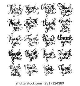 Set of black and white hand-lettered phrases saying "Thank You!" in various styles and designs. Perfect for expressing gratitude in a variety of contexts