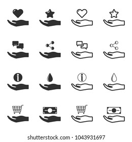 Set of black and white hands offering service icons. Isolated vector.