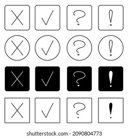 conjunto de signos de interrogación manuscritos en blanco y negro, signos de exclamación, realizados, cancelados aislados en fondo blanco, gráficos para diseño de sitios web, presentación, aplicación móvil, vector