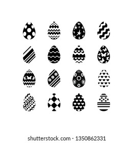 Set of black and white happy easter eggs silhouettes on white background with different ornaments and texture. Vector illustration