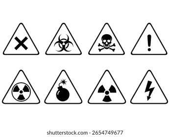 "Schwarz-Weiß-Gefahrenzeichen - Symbole für toxische, biogefährliche, elektrische Strahlung, Schock, Explosion und allgemeine Gefahren"	
