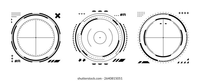 Set of black and white heads up display elements. Futuristic aim and target interface design for gaming or technology concept.